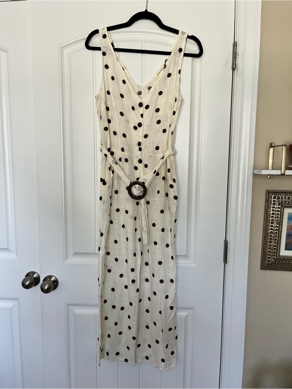 Monteau Cream and Brown Polka Dot Sleeveless Jumpsuit with Belt Size Medium